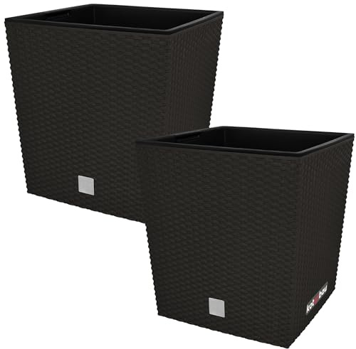 KOTARBAU® Blumentopf mit Einsatz 26x26 cm, Rattanoptik, Kunststoff, 2er Set | Pflanzkübel groß außen, Übertopf 15,8 L mit Innentopf, für Drinnen & Draußen, Terrassendeko, Blumentöpfe, Umbra