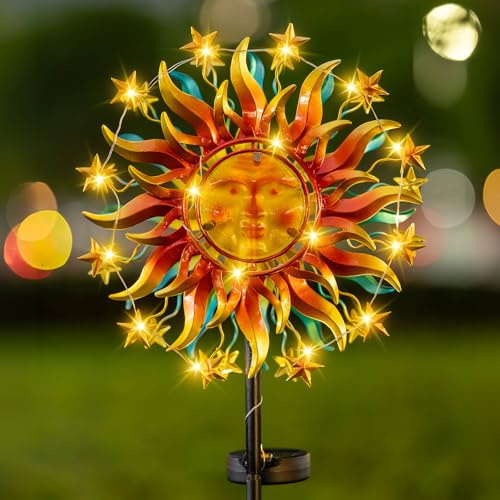 60.3 Solar Wind Spinner with Lights, Double-Sided Sun Face Metal Garden Spinner with Kinetic Back Blades, Solar LED Outdoor Yard Art Decor for Patio Lawn Garden