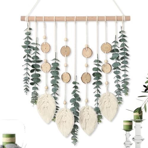 ASTNIC Decoración de eucalipto artificial para colgar en la pared, hojas verdes, decoración de pared bohemia con palo de madera para dormitorio, baño, cocina, casa de campo, decoración rústica para el