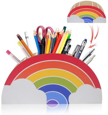 INHEMING Pot à crayons arc-en-ciel - Organiseur de bureau - Organiseur de table - Pot à crayons en bois - Pot à crayons pour fille - Organiseur de table
