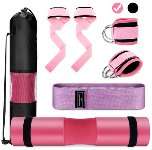 Turakun Gym Barbell Pad Set: Hip Thrusts Pad for Squats Ankle Strap for Cable Machine Hip Resistance Band Weight Lifting Strap and Carry Bag Gym Equipment Accessories, Pink
