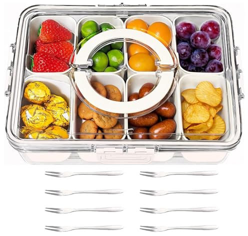 Divided Serving Tray with Lid, Multipurpose Container, Portable Dustproof & Fresh, Large Capacity Snack Box with 8 Compartments & 8 Forks, for Family Gatherings & Camping