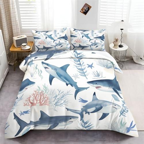 Bedding Bettwäsche-Set 135 x 200 cm Haie unter Wasser 100% Mikrofaser Bettbezug mit Reißverschluss und 2 Kissenbezug 80 x 80 cm Bettbezüge Super Weiche Atmungsaktiv Blau und weiß Bedrucktes Bettbezug