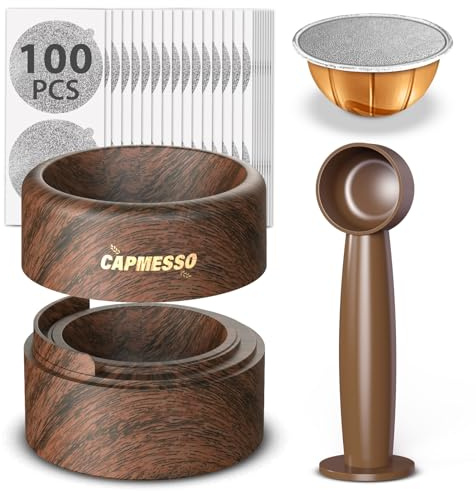 Vertuo Pod - Kit de recarga reutilizable para cápsulas Vertuo Nespresso/Coffee Pods Vertuoline con 100 tapas de papel de aluminio para cualquier tamaño de cápsula Vertuo Plus Espresso, soporte de