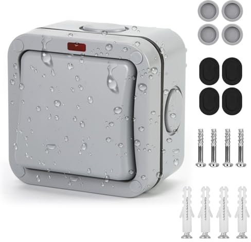 Herbst Interruttore impermeabile per esterni, 20 A, IP66, interruttore universale, impermeabile, con interruttore indipendente e spia di controllo, grigio, per esterni, giardino, balcone