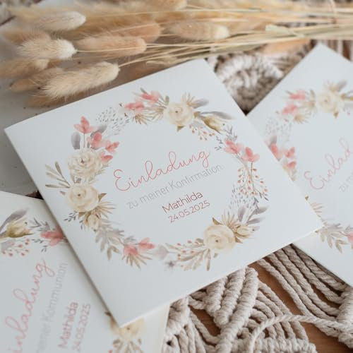 Personalisierte Einladungen zur Konfirmation, Einladungen zur Kommunion und Einladungskarten zur Taufe. (Trockenblumen)