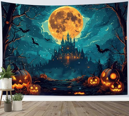 LB Wandteppich Horror Halloween Wandtuch Orange Moon Spooky Castle Wandbehang Horror Kürbis Schwarze Fledermaus im Spukwald Tapisserie für Wohnzimmer Schlafzimmer Wohnheim Wanddeko,150x130cm