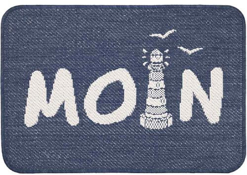 Knutzen Wohnen Fußmatte Moin Leuchtturm 50x70 cm Blau - Fußmatte Maritim - rutschfest und waschbar - Fußwärmende Designmatte - Sisaloptik - Ideale Schmutzfangmatte für die Küche und Eingangsbereich