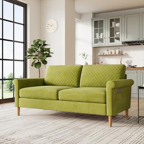 Vesgantti 2 Sitzer Sofa Grün, Stoff Doppelsofa 164cm mit beidseitigen Taschen, Sofa mit Kissen Montage ohne Werkzeug für Wohnzimmer, Schlafzimmer, Büro, kleinen Raum 164L*76D*85H cm