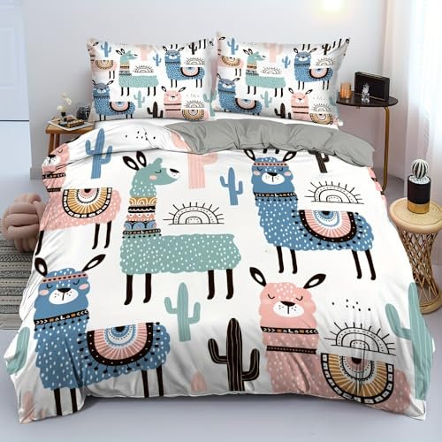 ZZTBQ Cartoon Süße Alpaka Bettwäsche 155x220 3teilig Alpaka Kaktus Kinderbettwäsche 1 Bettbezug 155x220 cm + 2 Kissenbezüge 80X80 cm, Biber Lama Bettwäsche-Sets Polyester Mikrofaser