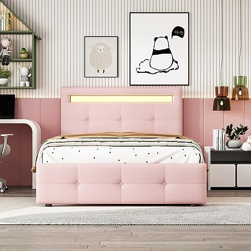 Lcoho Polsterbett(90x200cm), mit LED-Leuchten, 2 Schubladen, hautfreundlicher Leinenpolsterung flach Einzelbett Kinderbett Jugendbett Gästebett,Rosa(Ohne Matratze)