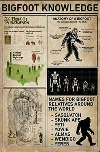 FJQWKLF Bigfoot Knowledge Posters Metallblechschild Dekor für Home Gate Küche Esszimmer Bar Café Geschenk 8 × 12 Zoll