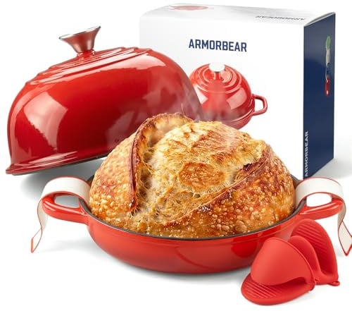 Armorbear 4.7L Enameled Cast Iron Sourdough Bread Oven for Homemade, Red | Tight-fitting Dome Lid, Shallow Base Supports Easier Loading & Crisp Sourdough Crusts, Gifts for Sourdough Bakers