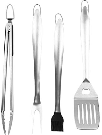 Grillbesteck 4 - teilig Edelstahl lang Griff Grillzange Grillgabel Öl Pinsel mit Haken Design für sicheres Grillen
