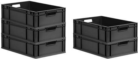 PROREGAL SuperSparSet 5x Eurobox NextGen Grip | HxBxT 17x40x60cm | 34 Liter | Griffe offen | Schwarz | Eurobehälter, Transportbox, Transportbehälter, Stapelbehälter