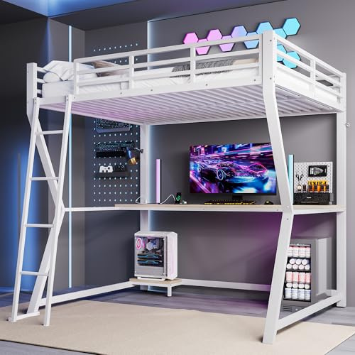 Idemon Cama alta de 140 x 200 cm con escritorio e iluminación LED, cama loft con zona de trabajo, enchufe, puerto USB, escalera y barandilla, sin colchón (blanco)