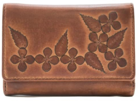 Mala Leather Wild Bloom Classic Floral Tan Leather Tri-Fold Purse RFID Protection – Genuine Leather – 6 Card Slots, ID Window, Note & Zip Coin Pockets – 12.5 × 9 × 3 cm (Tan)