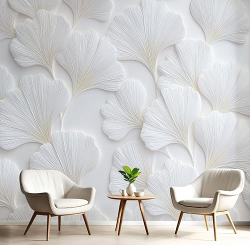 DACRWEKZ Papier Peint Panoramique Relief 3D, Papier Peint Feuilles De Ginkgo Blanc Fond pour Chambre Wallpaper, Fresque Murale pour Salon Salle Deco Murale, 400 x 280 cm