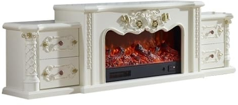 Caminetto Mobile porta TV color avorio da 80 pollici con camino elettrico riscaldante, centro di intrattenimento extra large 4 cassetti Camin' a Nebbia