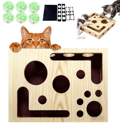 Cat Scratch Puzzle Enrichment Box, Nail File Stress Free Alternative to Clippers and Grinders, Cat Nail File Box With Bell, Wooden Toy Box Sandpaper Inside for Scratching & Indoor Enrichment (A)