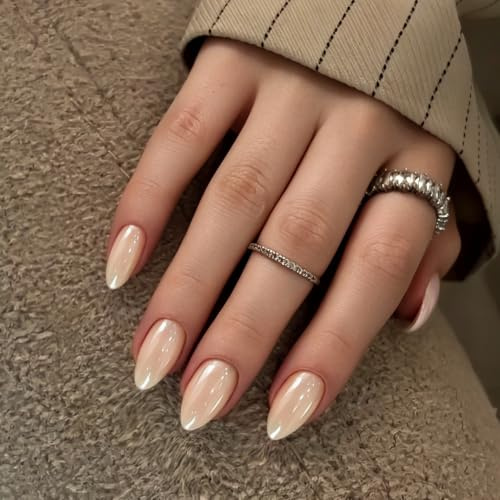 SXVME Chrome Press On Nails Short Almond, 30 Pcs Glazed Beige Nude False Nails With Shimmer Mirror Effect, Reusable Thick Quality, Donut Bling Fake Nails Press ons for Women Daily Wedding