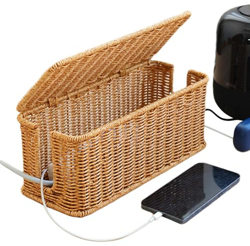 Ladekabel Management – Handgewebter Drahtkorb mit Deckel, Kabel-Organizer und Verstecker, Desktop-Ladestation für TV, Computer, USB-Hub, Aufbewahrung