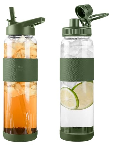 LETREEN Gourde en Verre 1 Litre avec Paille, 1 Pièces | Gourde Verre 1L avec 2 Couvercles, sans BPA, étanche et Réutilisable, pour Maison, Voyages, Sport, Yoga, Gym