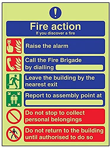 VSafety im Dunkeln leuchtendes, englisches Hinweisschild mit Aufschrift „Fire Action“ und 6 Hinweisen, 150 x 200 mm, Hartplastik