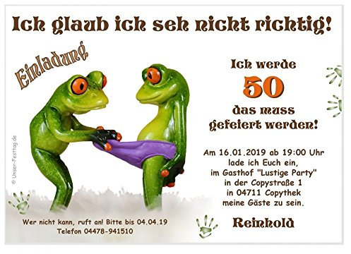 Einladungen zum Geburtstag, für jedes Alter möglich, lustig witzig Text änderbar Frosch Frösche Spruch 50 Karten