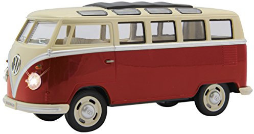 Jamara 405145 VW T1 Bus 1:24 Diecast rot LED Beleuchtung, detailgetreuer Innenraum, Sound, Motorgeräusch, Rückzugmotor, Seitentüren öffnen, Fahrzeugdetails im Chromdesign