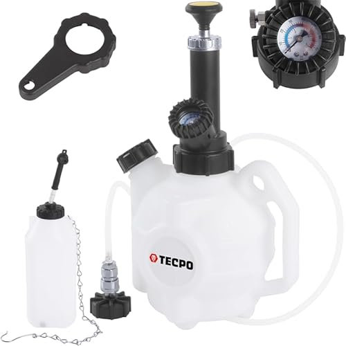 TECPO Bremsenentlüftungsgerät 4L + 1L Behälter, mit E20 Adapter für EU-Fahrzeuge, Bremsenentlüfter Bremsflüssigkeit, Arbeitsdruck 2 Bar, max. 3.5 Bar, schnelles Entlüften & Befüllen von Bremsanlagen