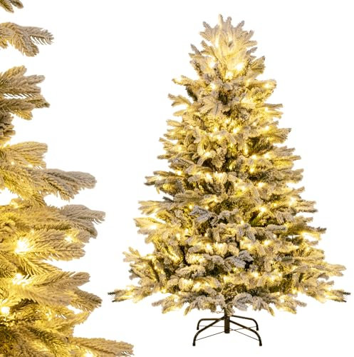COSTWAY 4.5FT/6FT Pre-Lit Christmas Tree, Snow Flocked Artificial Xmas Trees with Warm White LED Lights, PE & PVC Branch Tips, Foldable Metal Base, Xmas Holiday Decor for Home Office