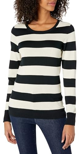 Amazon Essentials Damen Leichter, Langärmeliger Pullover Mit Rundhalsausschnitt (Erhältlich in Übergröße), Schwarz Haferbeige Meliert Rugby-Streifen, XS