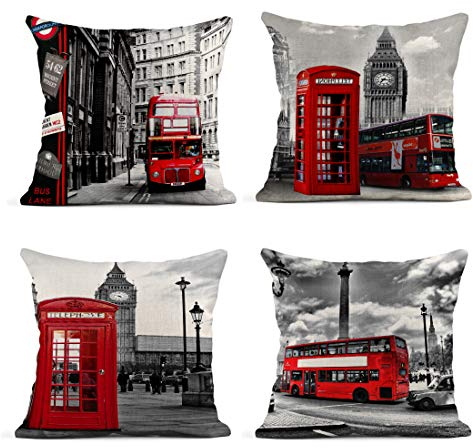 Emvency Set mit 4 Leinen-Überwurf-Kissenbezügen, 45,7 x 45,7 cm, dekoratives Kissen, Rot, London, Straße, Bus, Telefonzelle, Big Ben, Kissenbezüge, quadratische Pillocases für Bett, Sofa