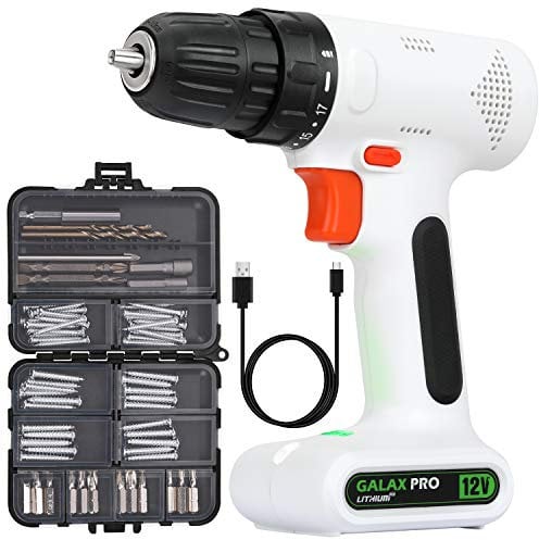 GALAX PRO Bohrschrauber, 12V Akku Bohrschrauber, 10 mm Schnellspannbohrfutter, 0-800 RPM Variable Geschwindigkeit, inkl. 6tlg.-Zubehör-Set, Ladegerät Kabel, Leicht und Tragbar