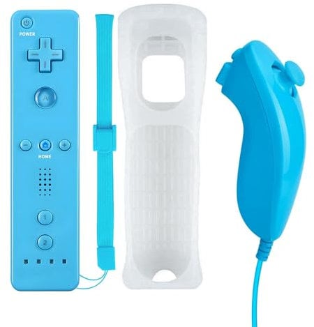QUMOX Wii Wireless Remote Controller Fernbedienung und Nunchuck Controller mit Silikonhülle und Armband für Wii und Wii U Blau