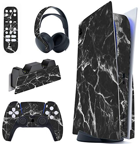 PlayVital Autocollant Skin pour ps5 Manette,Sticker pour ps5 Console Disc Edition & Station de Charge & Casque & Télécommande-Effet Marbre Blanc Noir