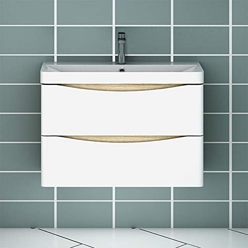 Acezanble Badezimmer Badmöbel 80 cm Waschtisch mit Unterschrank Hängeschrank Eiche Weiß