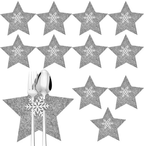Vibbang 12 Stücke Weihnachten Besteckhalter Filz Weihnachtsbaum Elch Schneeflocke Bestecktasche Weihnachten Tischdeko Weihnachten Urlaub Party Abendessen Gabel Dekor (Schneeflocke)