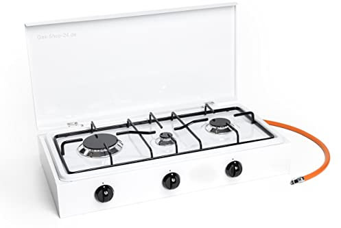 Gas-Shop-24 3 flammiger Propan Haushaltskocher / Gaskocher mit Gusstopfträger und Guss-Brennerdeckel emailliert/für den Innenraum zugelassen (Hockerkocher, Kocher, Gastrokocher, Gasherd, Parker)