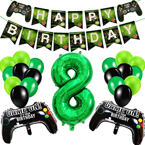 Geburtstagsdeko Jungen 8 Jahre, Gamer Deko Geburtstag, Happy Birthday Girlande Banner Deko Junge, Gamecontroller Luftballons Schwarz Grün Ballons Set für Kinder Videospiel Thema Party Zubehör