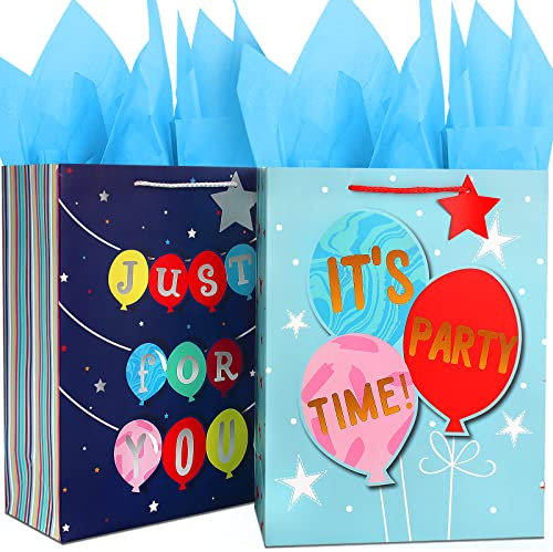 Papiertüten Blau,Groß Geschenktaschen Geburtstag für Jungen Teen Kinder Männer,Bunt Geschenktüten mit Seidenpapier,Papiertüten mit Henkel,Geschenktüte Geburtstag Geburtstagstüte, für Party Tüte Papier