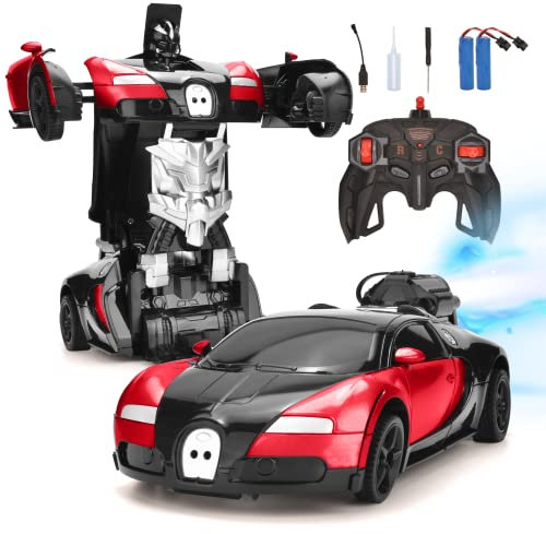 Hodlvant Transforming Robot RC Car with Spray - Remote Control Sports Car Racing Toy for Kids 4-6+ Years Old, Deformation Vehicle for Boys and Girls (Red)