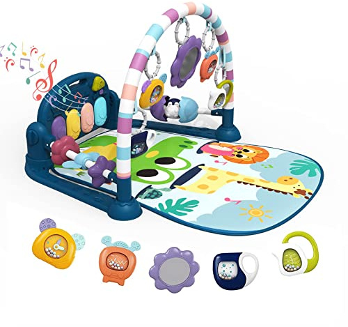 dearlomum Baby Play Mat Gym, Funny Play Piano Tummy Time Activity Mat with 5 Infant Sensory Toys, Music and Lights, Boy & Girl Gifts for Newborns 0 to 3 6 9 12 Months（New Blue）