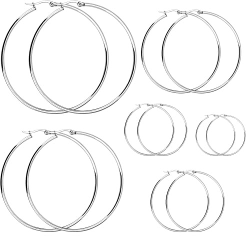 Silver Hoop Earrings, 6 Pairs Titanium Huggie 15-60mm for Women Girls Men | Titanium Steel Hoop Earrings, 6 Pairs 15-60mm Six Sizes, Hypoallergenic Nickel-Free, Large Hoops for Women Men