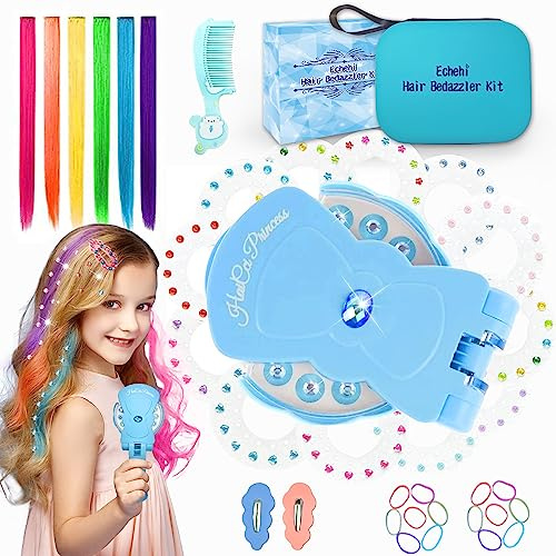 Echehi Hair Gem Stamper With 300 Gems, Bedazzler Kit Gift Box, Carry Case, 6 Clips In Colored Extension, Clips, Comb, Rubber Band, Accessories For Girl Birthday Party Festival, Blue, Rainbow (EC 123)