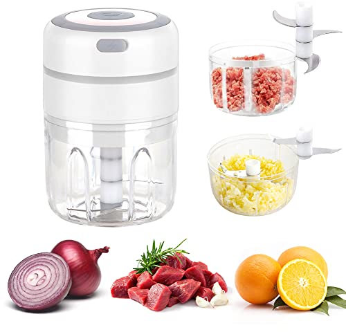 Mini Tritatutto da Cucina Elettrico, Frullatore per Pesto Portatile USB Ricaricabile, 250ml + 100ml Macchina Doppia con Tazze Doppie Mixer Cucina per Aglio, Cipolla, Carne (Bianco)