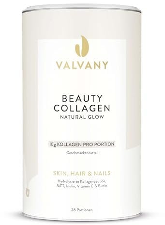 Valvany® Natural Glow Beauty Collagen Pulver – Premium Kollagen mit Vitamin C, Biotin und MCT | 100% natürlich | Geschmacksneutral | Perfekte Löslichkeit [28 Portionen]