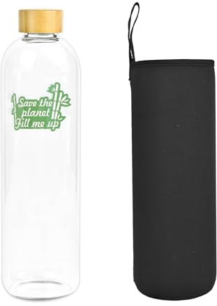 Bouteille d'eau en verre Borosilicate avec couvercle en bambou 1,5 l 1 500 ml avec housse en néoprène noir écologique Save the planet fill me up recyclable réutilisable sans toxique sans BPA