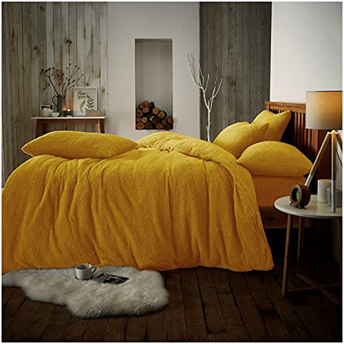GC GAVENO CAVAILIA Polyester Teddy Fluffy Duvet Cover Double | Easycare Warm Thermal Fleece Bedding Set | Super Soft & Snuggly Quilt Bedset With Matching Pillowcases | New Ochre
